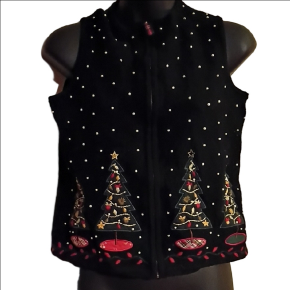Charter Club Black 100 Percent Wool Christmas Vest.Faux Pearls Too!! Size Medium